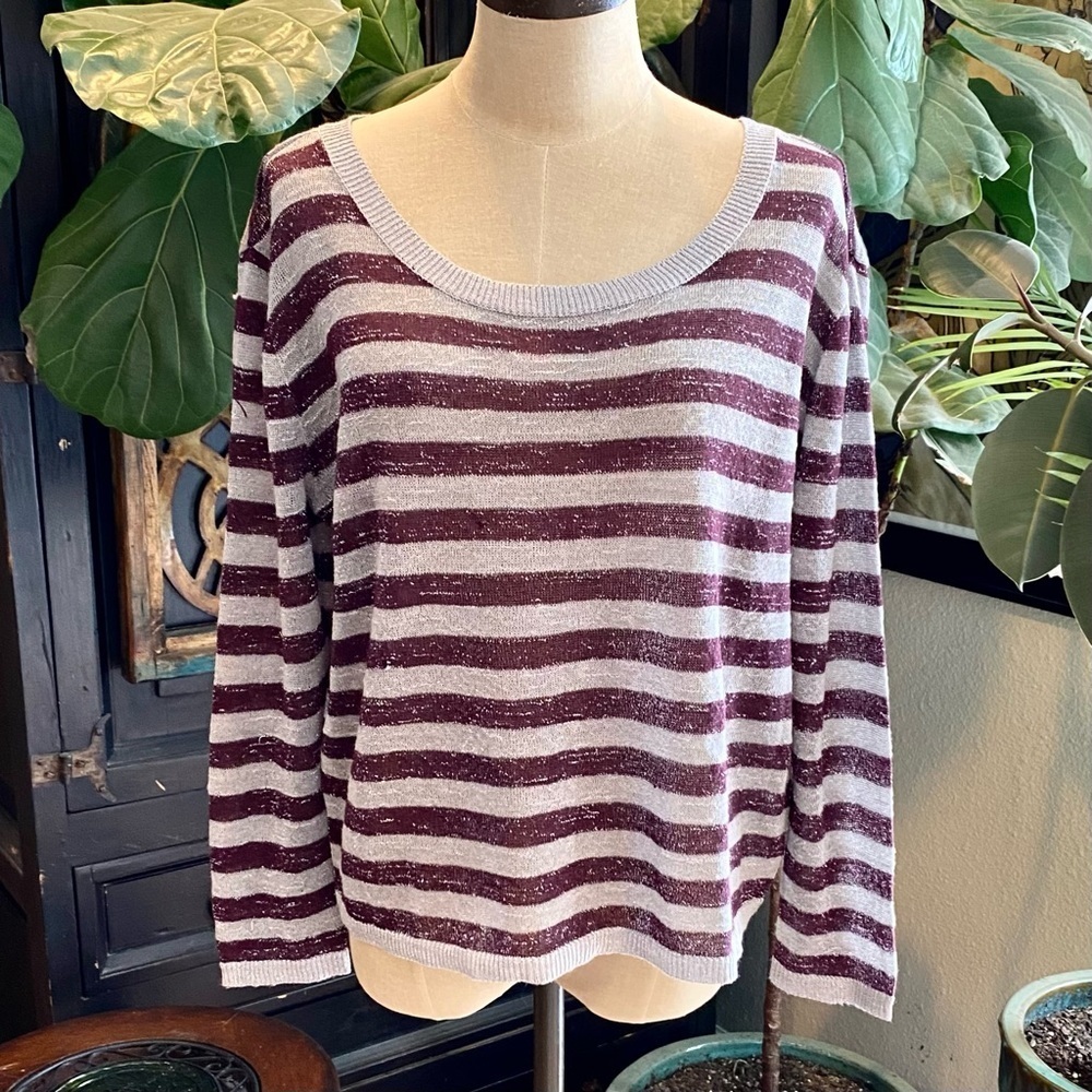 Anthropologie Chan Luu Stripe Metallic Weave Scoop Neck Boxy Sweater